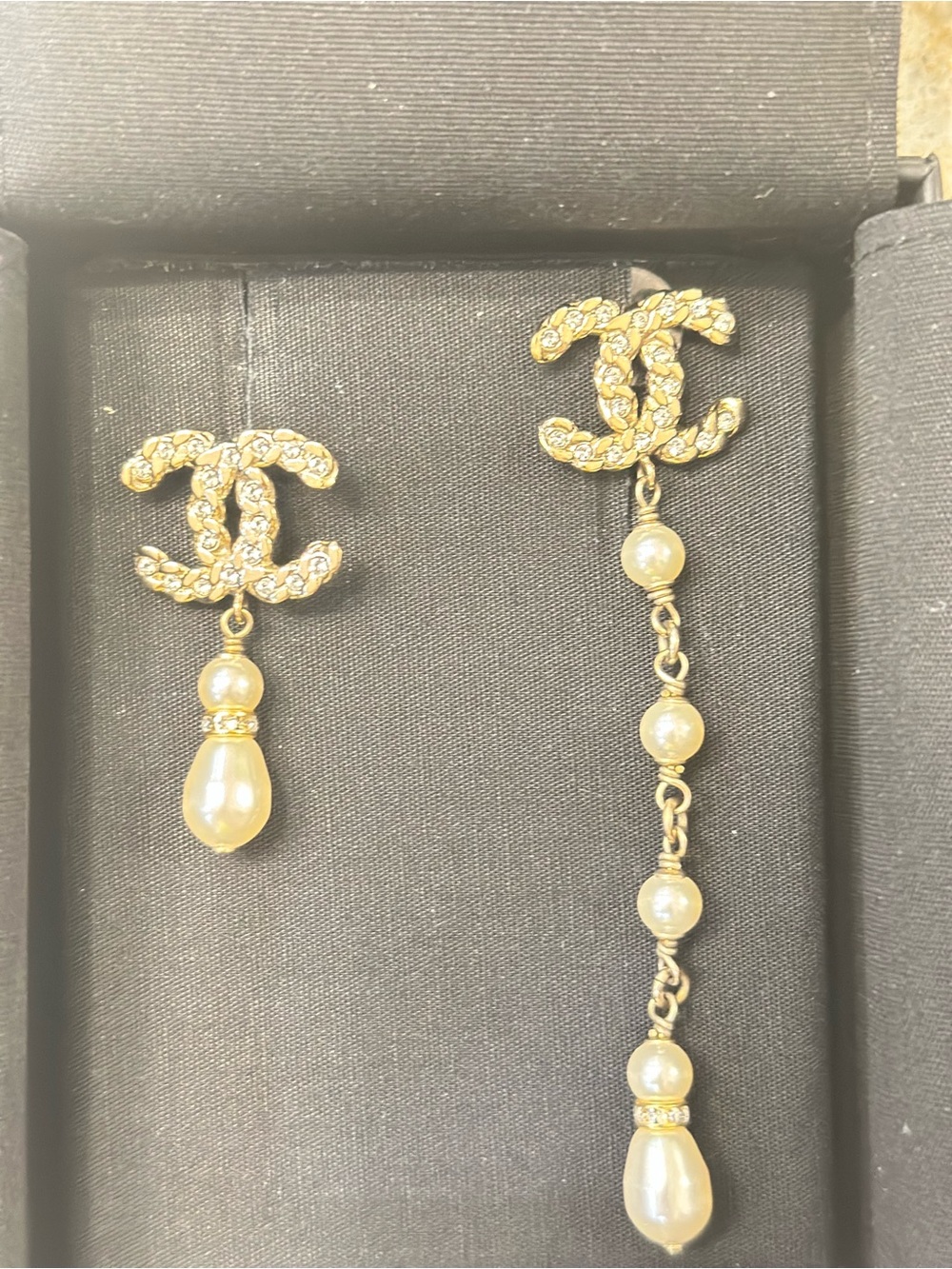 CHANEL Gold-Tone Pearl Drop Asymmetric CC Logo Earrings